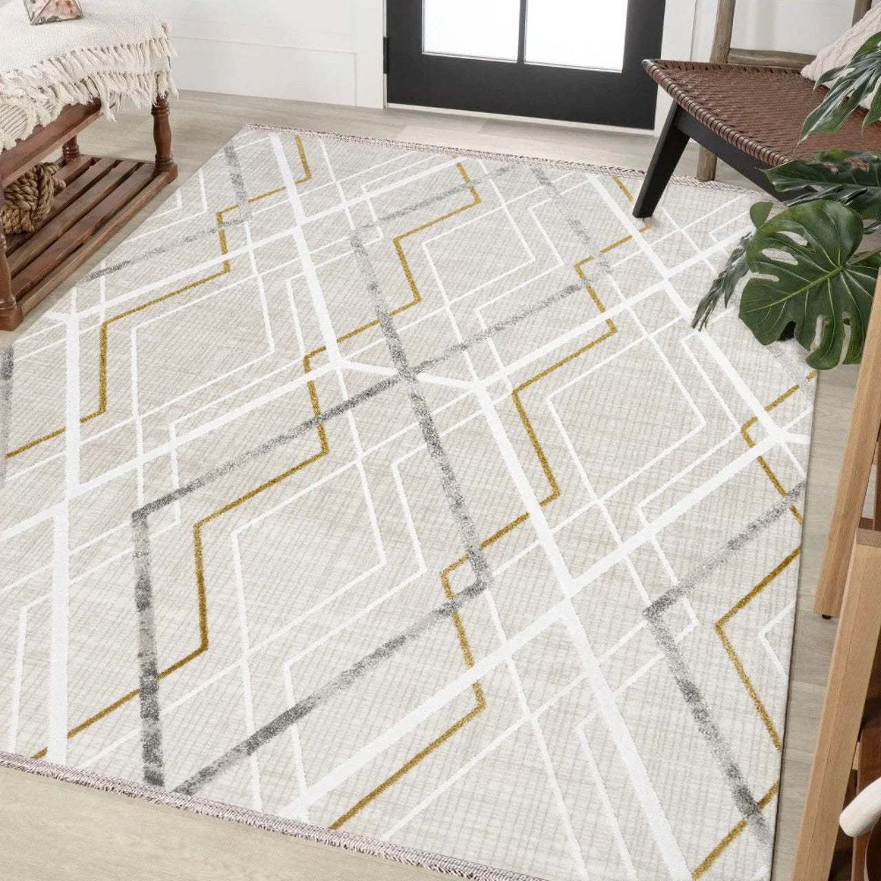 Bej Beyaz Baklava Geometrik Halı - Yıkanabilir - Kaymaz Taban - Pati Dostu
