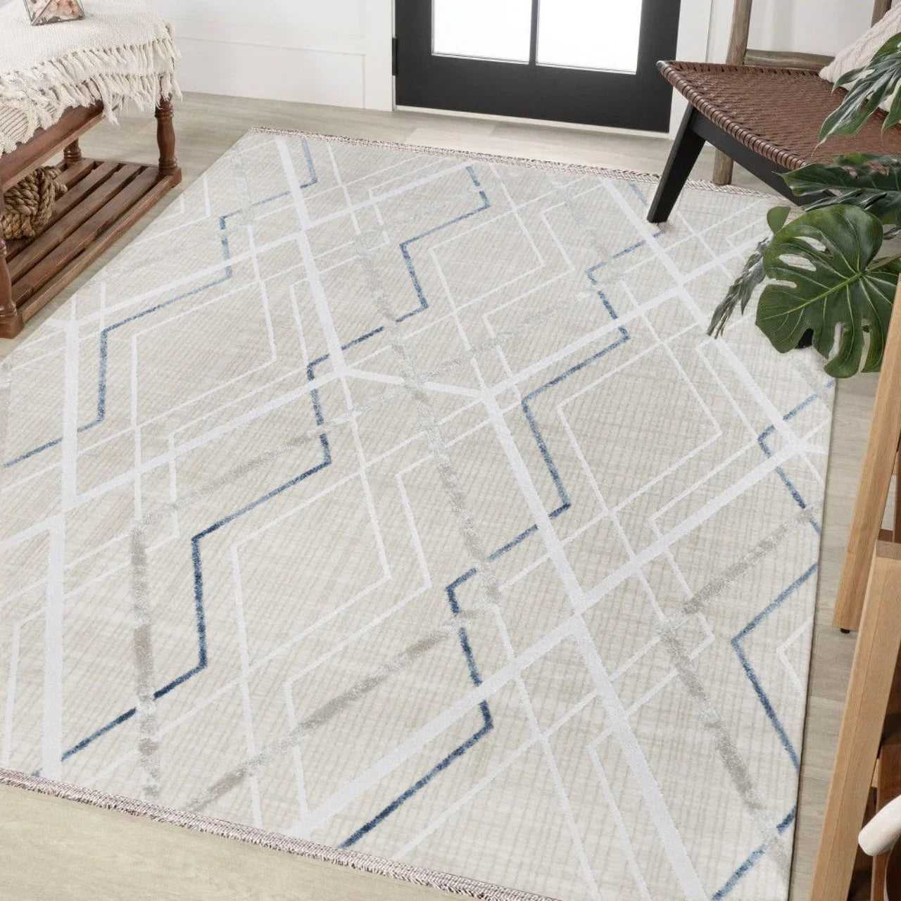 Beyaz Gri Geometrik Minimalist Halı - Yıkanabilir - Kaymaz Taban - Pati Dostu