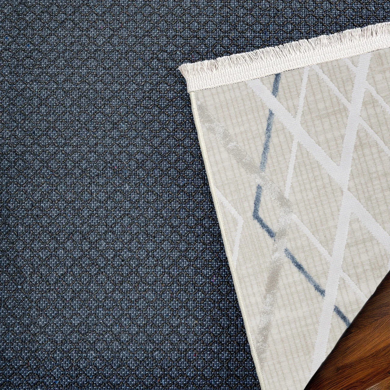 Beyaz Gri Geometrik Minimalist Halı - Yıkanabilir - Kaymaz Taban - Pati Dostu