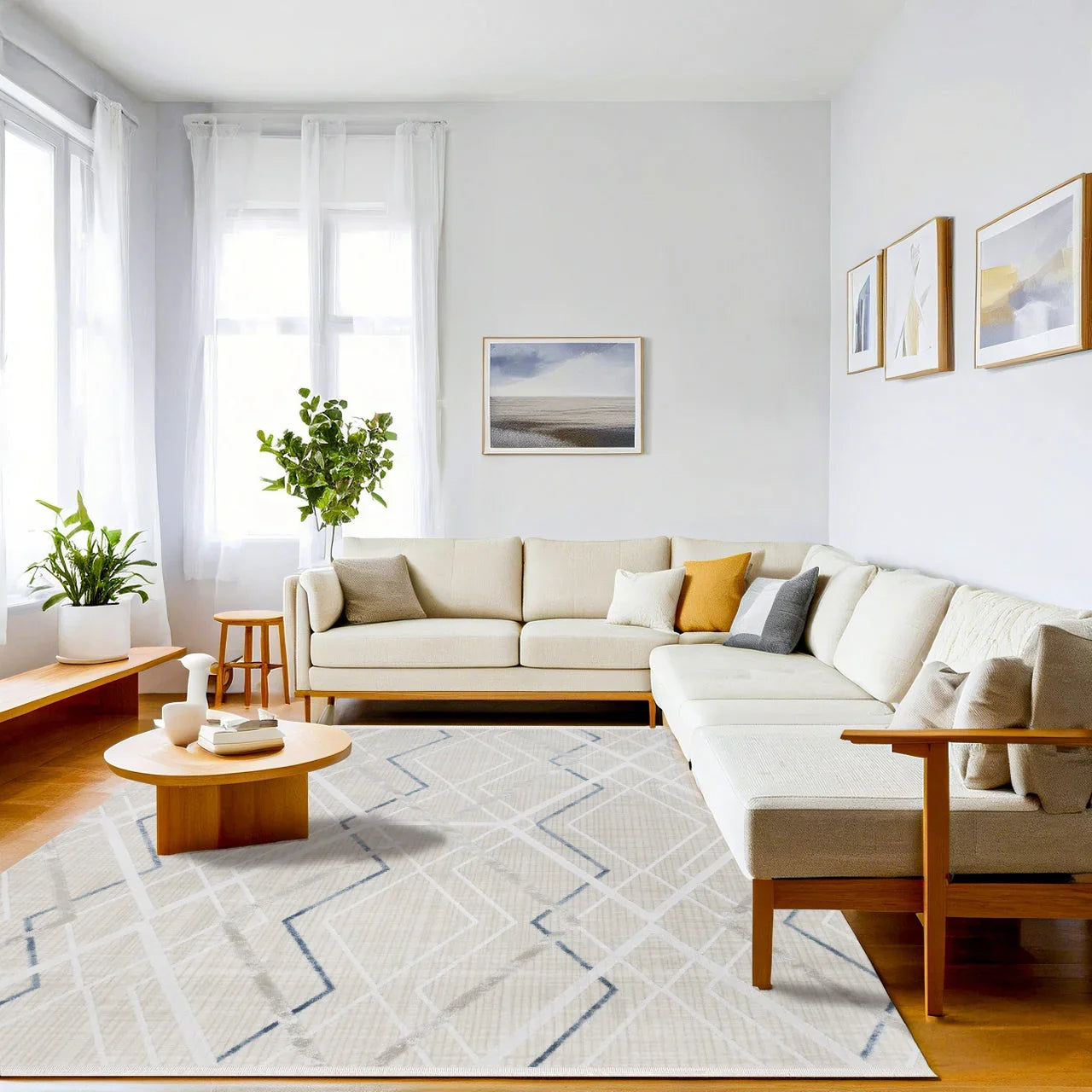 Beyaz Gri Geometrik Minimalist Halı - Yıkanabilir - Kaymaz Taban - Pati Dostu
