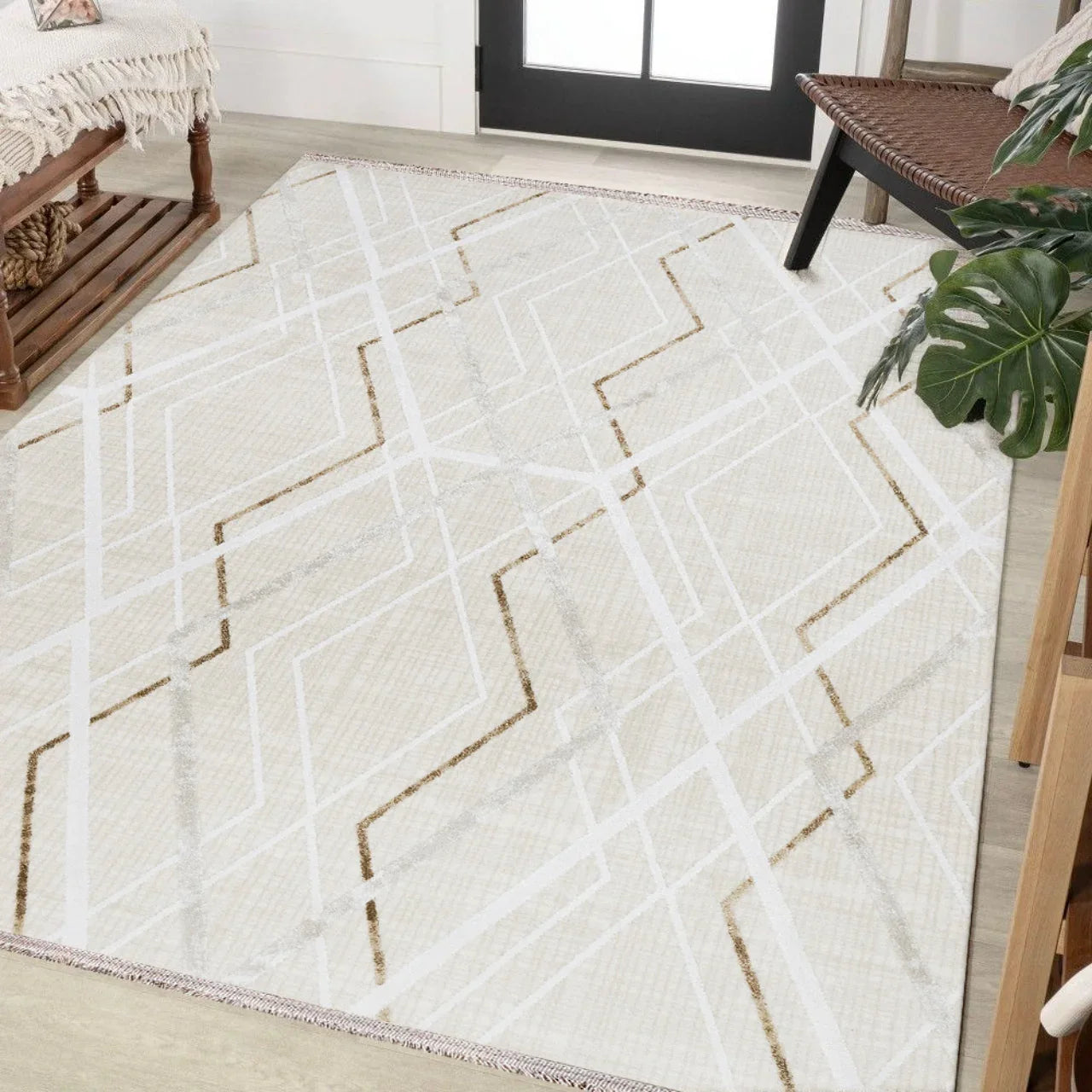 Bej Vizon Baklava Geometrik Halı - Yıkanabilir - Kaymaz Taban - Pati Dostu