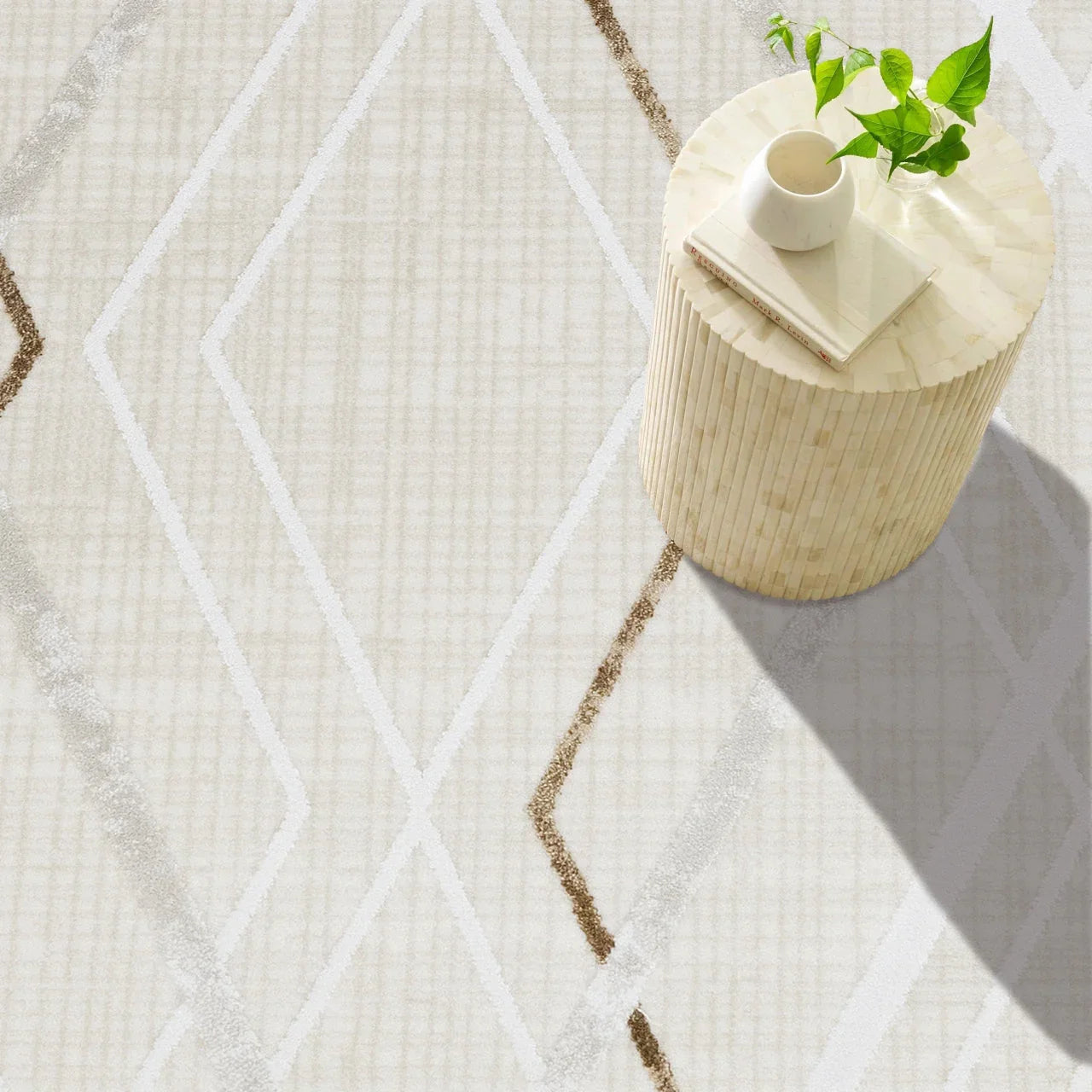 Bej Vizon Baklava Geometrik Halı - Yıkanabilir - Kaymaz Taban - Pati Dostu