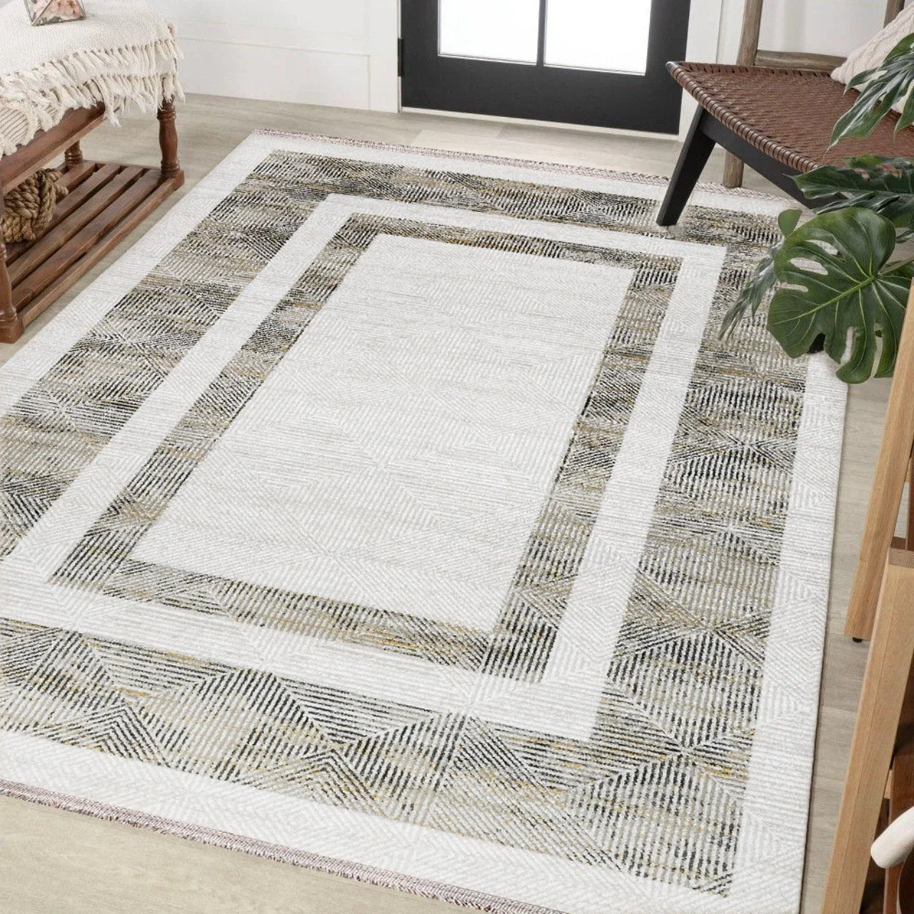 Bordürlü Modern Halı - Yıkanabilir - Kaymaz Taban - Pati Dostu