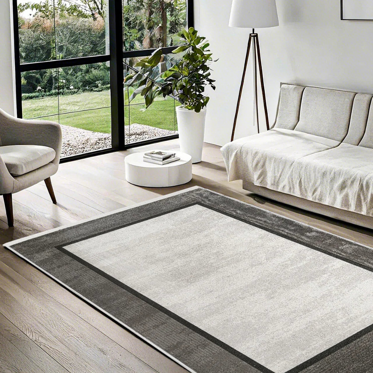 Antrasit Gri Bordürlü Minimalist Halı - Yıkanabilir - Kaymaz Taban - Pati Dostu