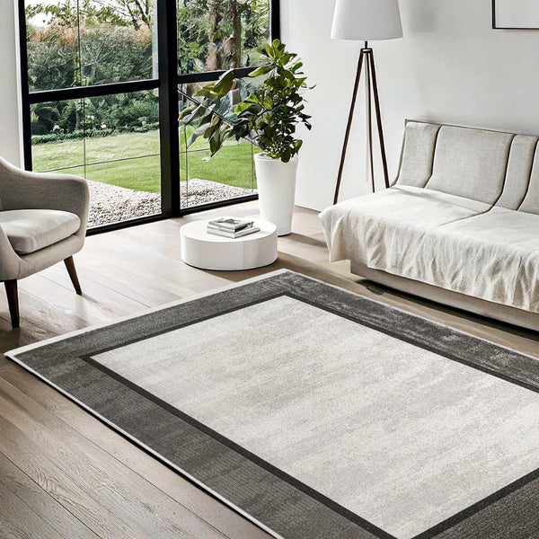 Antrasit Gri Bordürlü Minimalist Halı - Yıkanabilir - Kaymaz Taban - Pati Dostu