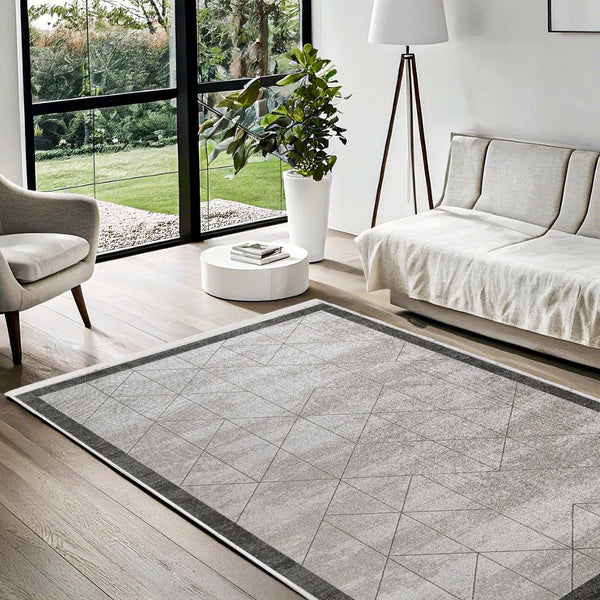 Antrasit Gri Geometrik Minimalist Halı - Yıkanabilir - Kaymaz Taban - Pati Dostu