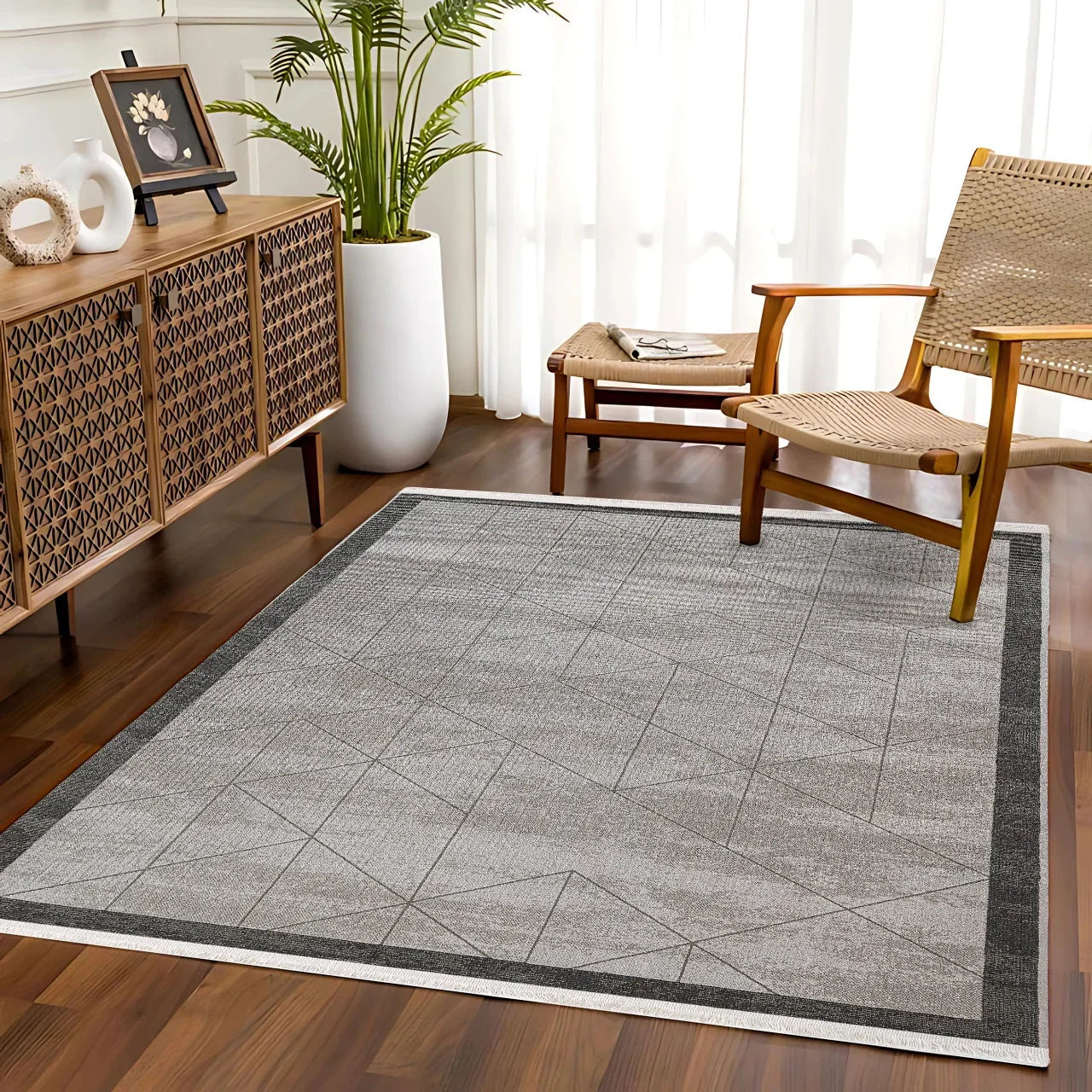 Antrasit Gri Geometrik Minimalist Halı - Yıkanabilir - Kaymaz Taban - Pati Dostu