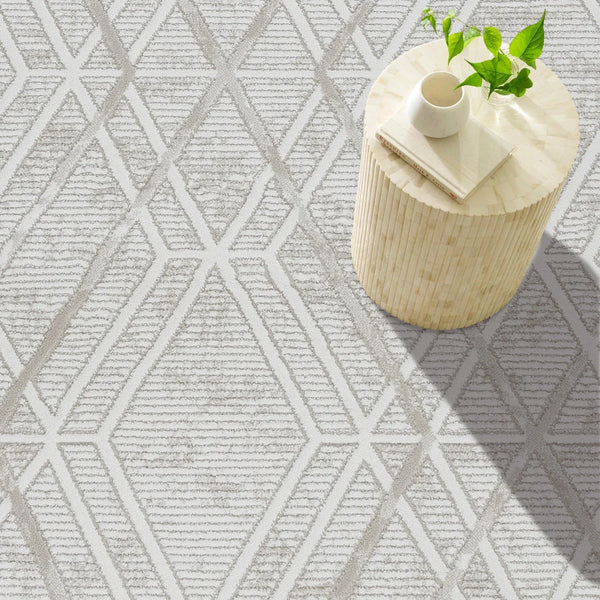 Beyaz Gri Baklava Geometrik Halı - Yıkanabilir - Kaymaz Taban - Pati Dostu