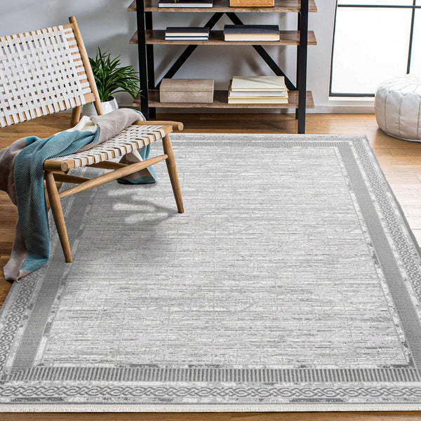 Beyaz Gri Geometrik Desenli Minimalist Halı - Yıkanabilir - Kaymaz Taban - Pati Dostu