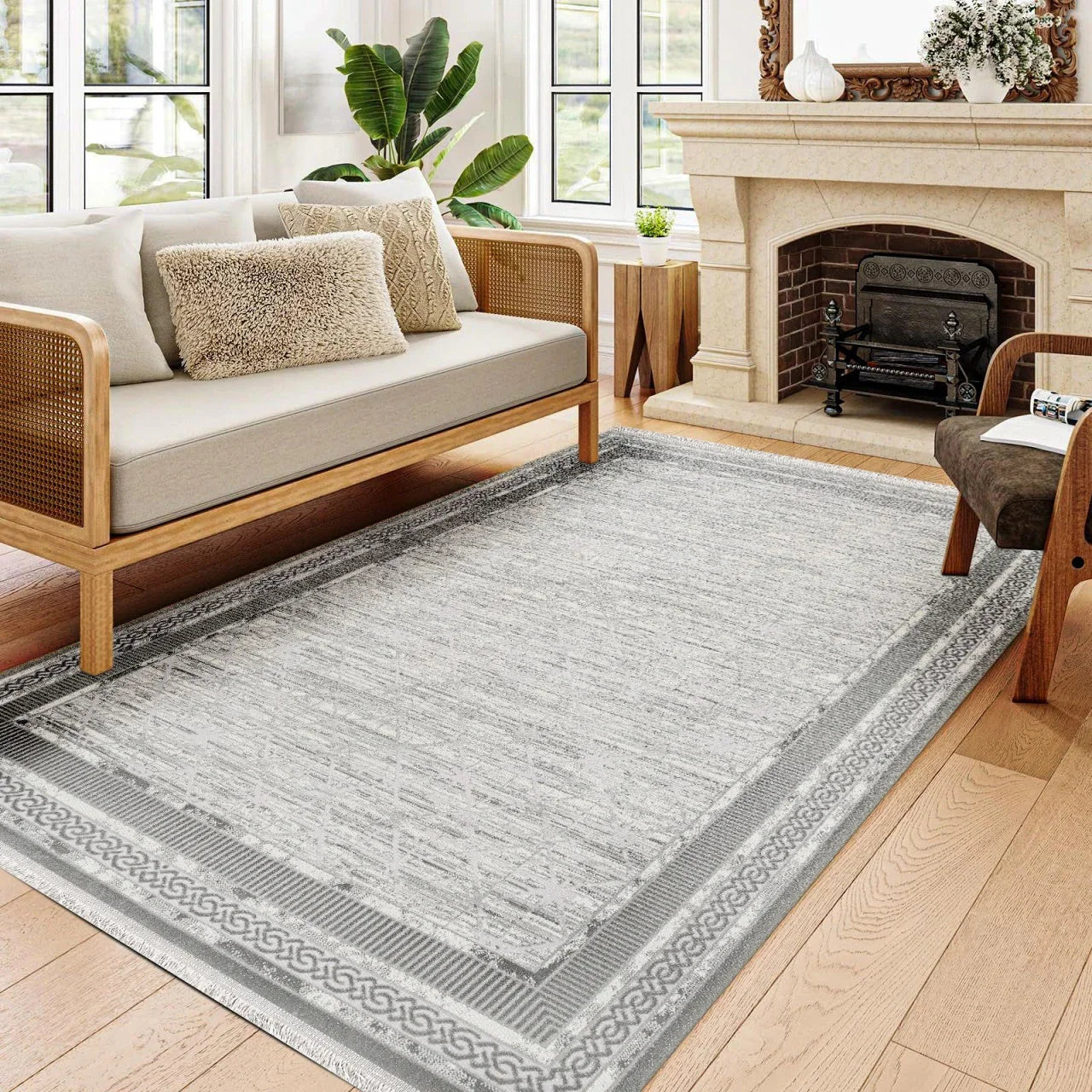 Beyaz Gri Geometrik Desenli Minimalist Halı - Yıkanabilir - Kaymaz Taban - Pati Dostu