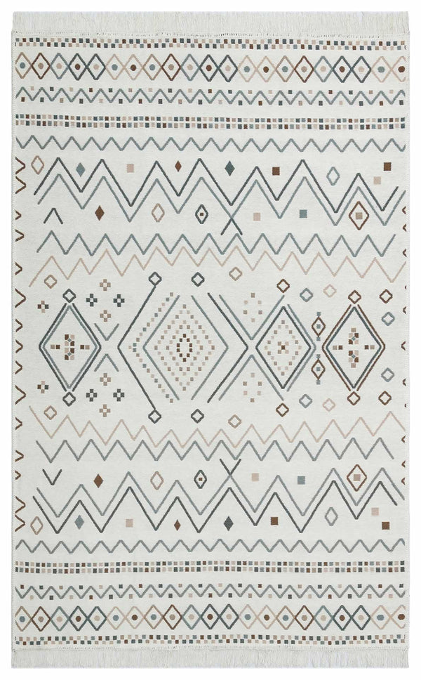 Beyaz Gri Dekoratif Etnik Halı - Yıkanabilir - Kaymaz Taban - Pati Dostu