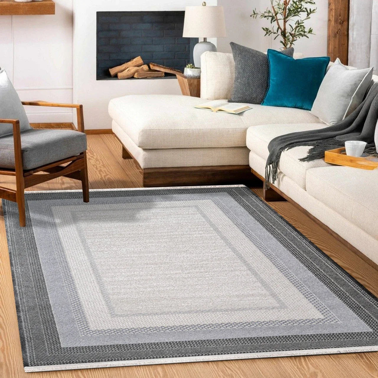 Gri Mavi Bordürlü Minimalist Halı - Yıkanabilir - Kaymaz Taban - Pati Dostu