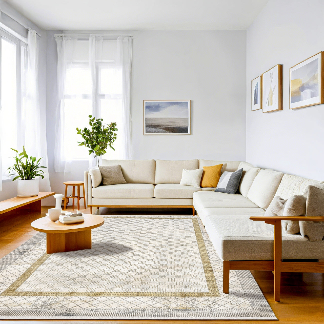 Bej Gold Baklava Bohem Halı - Yıkanabilir - Kaymaz Taban - Pati Dostu