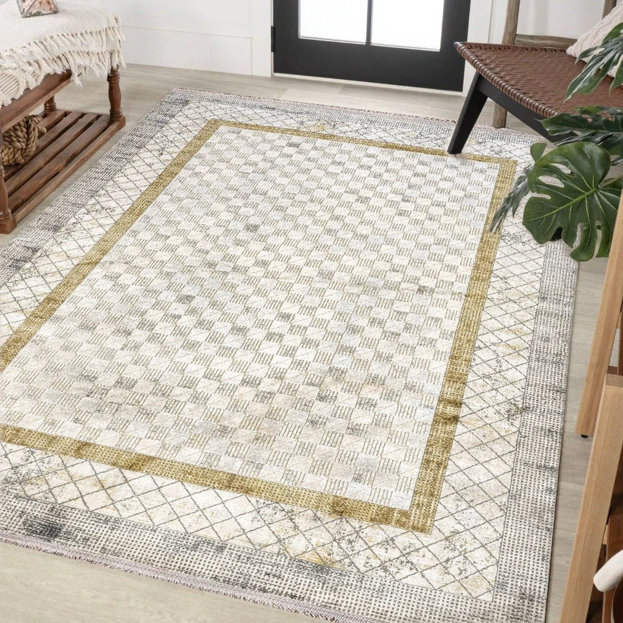 Bej Gold Baklava Bohem Halı - Yıkanabilir - Kaymaz Taban - Pati Dostu