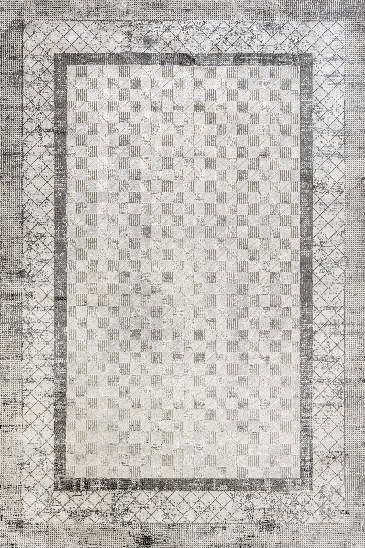 Bej Gri Damalı Geometrik Halı - Yıkanabilir - Kaymaz Taban - Pati Dostu