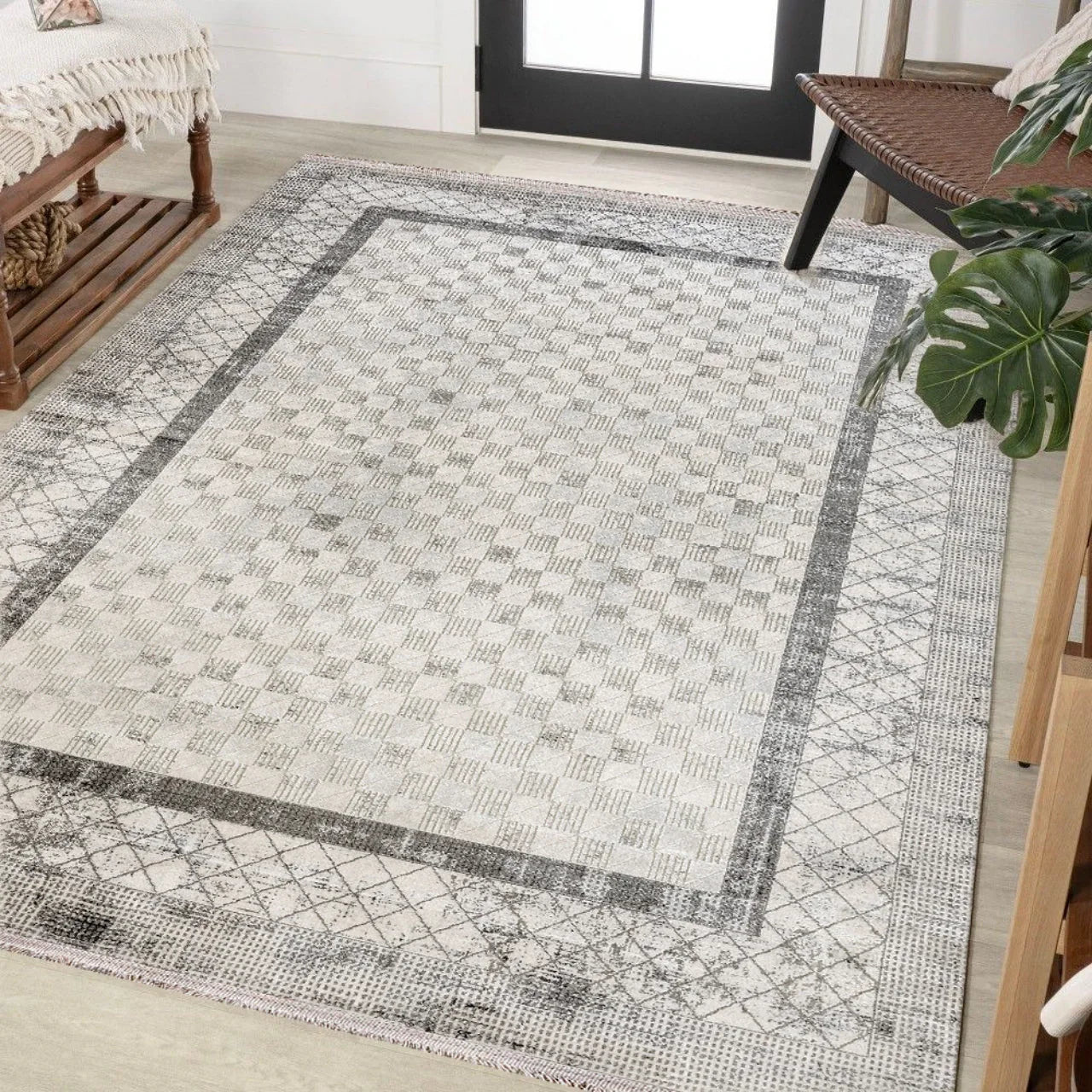 Bej Gri Damalı Geometrik Halı - Yıkanabilir - Kaymaz Taban - Pati Dostu