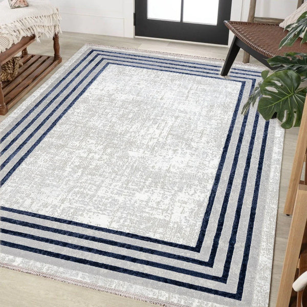 Beyaz Gri Bordürlü Minimalist Halı - Yıkanabilir - Kaymaz Taban - Pati Dostu