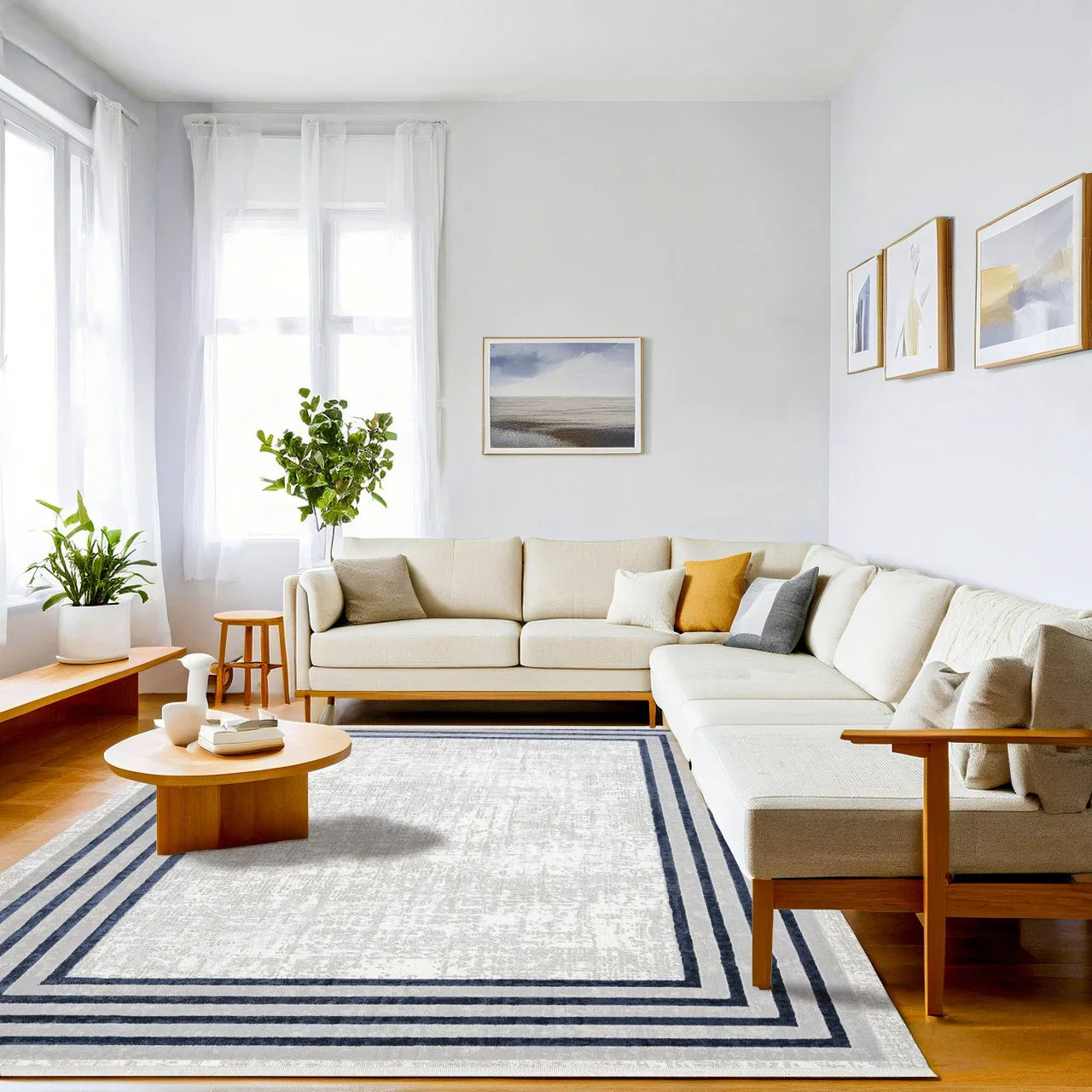 Beyaz Gri Bordürlü Minimalist Halı - Yıkanabilir - Kaymaz Taban - Pati Dostu