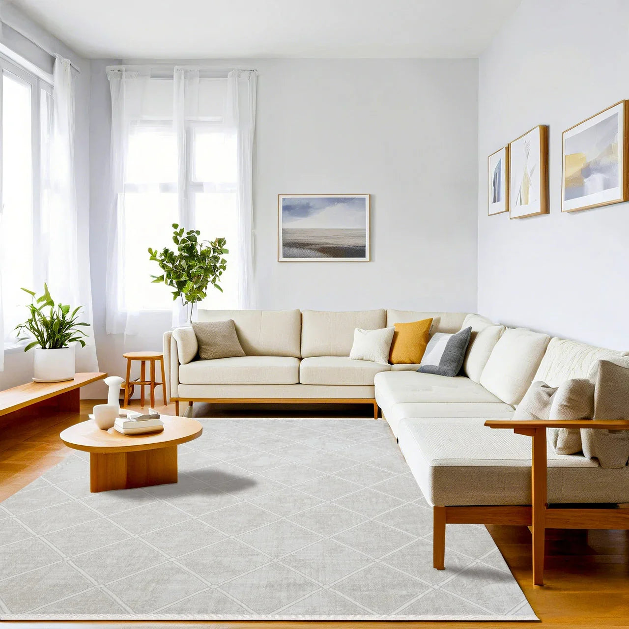 Beyaz Gri Geometrik Minimalist Halı - Yıkanabilir - Kaymaz Taban - Pati Dostu