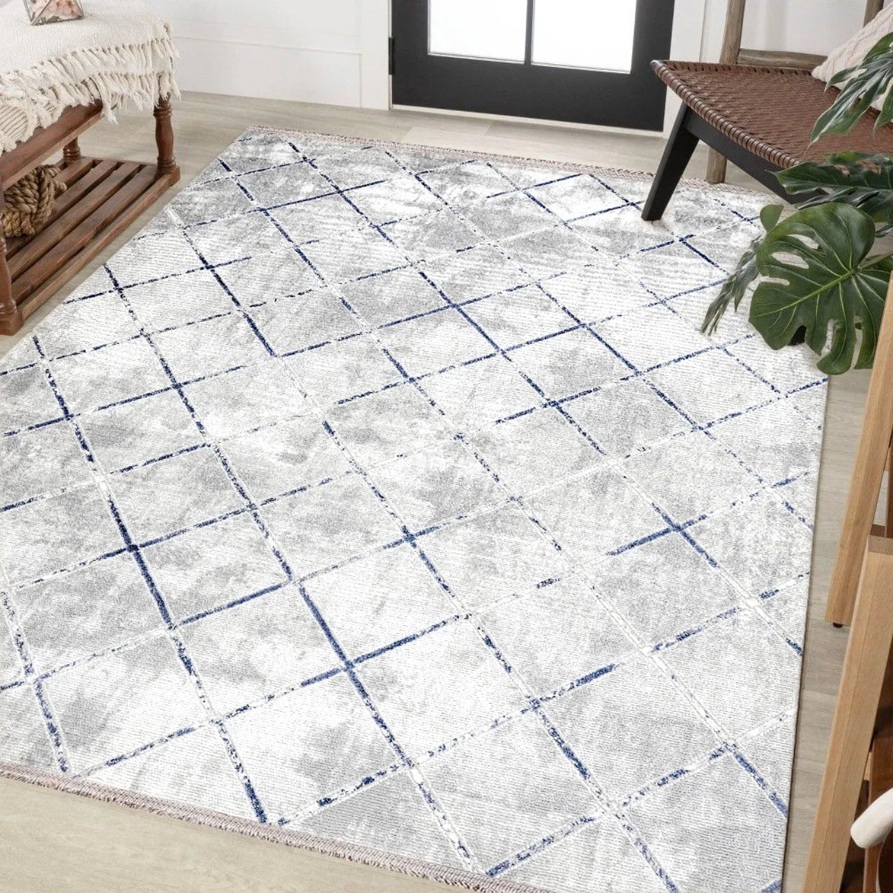 Beyaz Gri Baklava Geometrik Halı - Yıkanabilir - Kaymaz Taban - Pati Dostu