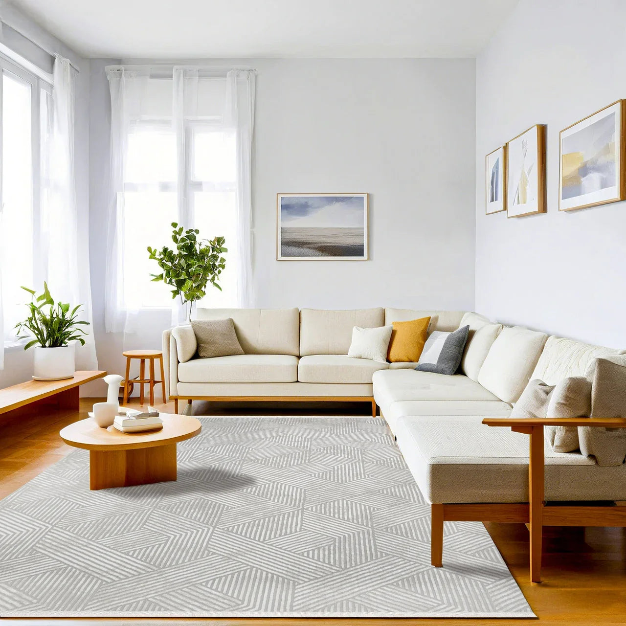 Beyaz Gri Geometrik Minimalist Halı - Yıkanabilir - Kaymaz Taban - Pati Dostu
