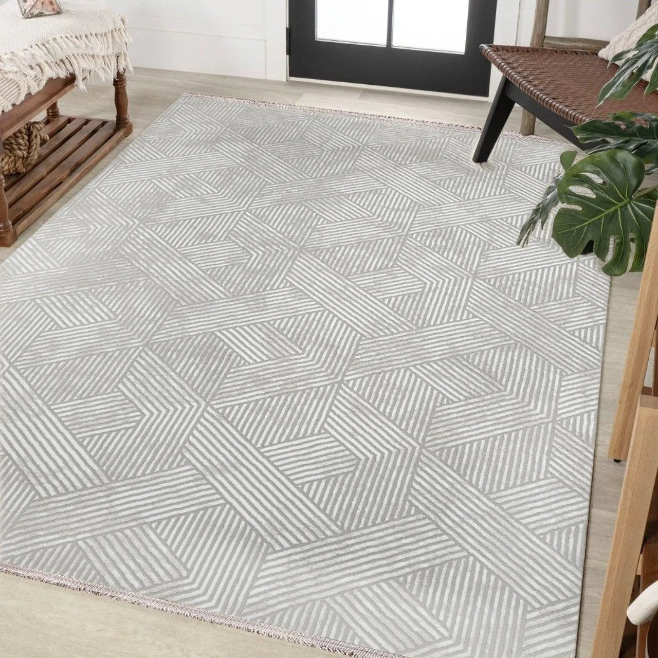 Beyaz Gri Geometrik Minimalist Halı - Yıkanabilir - Kaymaz Taban - Pati Dostu