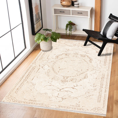 Krem Göbekli Modern Etnik Desenli Halı  | Makinada Yıkanabilir | Hav Toz Vermez | Leke Tutmayan | Kaymaz Taban | Dijital Makine Baskı | Salon Yolluk Mutfak Halısı