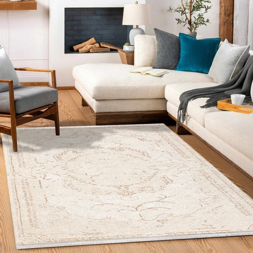 Krem Göbekli Modern Etnik Desenli Halı  | Makinada Yıkanabilir | Hav Toz Vermez | Leke Tutmayan | Kaymaz Taban | Dijital Makine Baskı | Salon Yolluk Mutfak Halısı