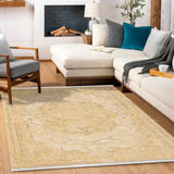 Beige Cream Distressed Living Room Rug - Polyester Machine Woven