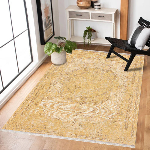 Sarı Göbekli Modern Etnik Desenli Halı  | Makinada Yıkanabilir | Hav Toz Vermez | Leke Tutmayan | Kaymaz Taban | Dijital Makine Baskı | Salon Yolluk Mutfak Halısı