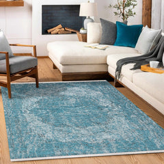 Mavi Göbekli Modern Etnik Desenli Halı  | Makinada Yıkanabilir | Hav Toz Vermez | Leke Tutmayan | Kaymaz Taban | Dijital Makine Baskı | Salon Yolluk Mutfak Halısı
