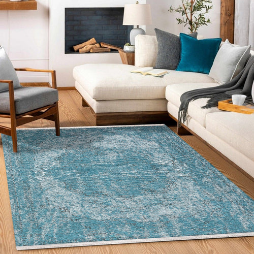 Mavi Göbekli Modern Etnik Desenli Halı  | Makinada Yıkanabilir | Hav Toz Vermez | Leke Tutmayan | Kaymaz Taban | Dijital Makine Baskı | Salon Yolluk Mutfak Halısı