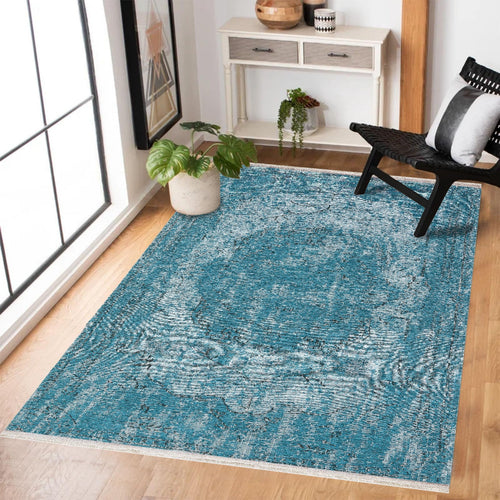 Mavi Göbekli Modern Etnik Desenli Halı  | Makinada Yıkanabilir | Hav Toz Vermez | Leke Tutmayan | Kaymaz Taban | Dijital Makine Baskı | Salon Yolluk Mutfak Halısı