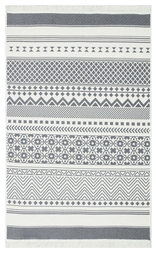 Beyaz Gri Dekoratif Etnik Halı - Yıkanabilir - Kaymaz Taban - Pati Dostu