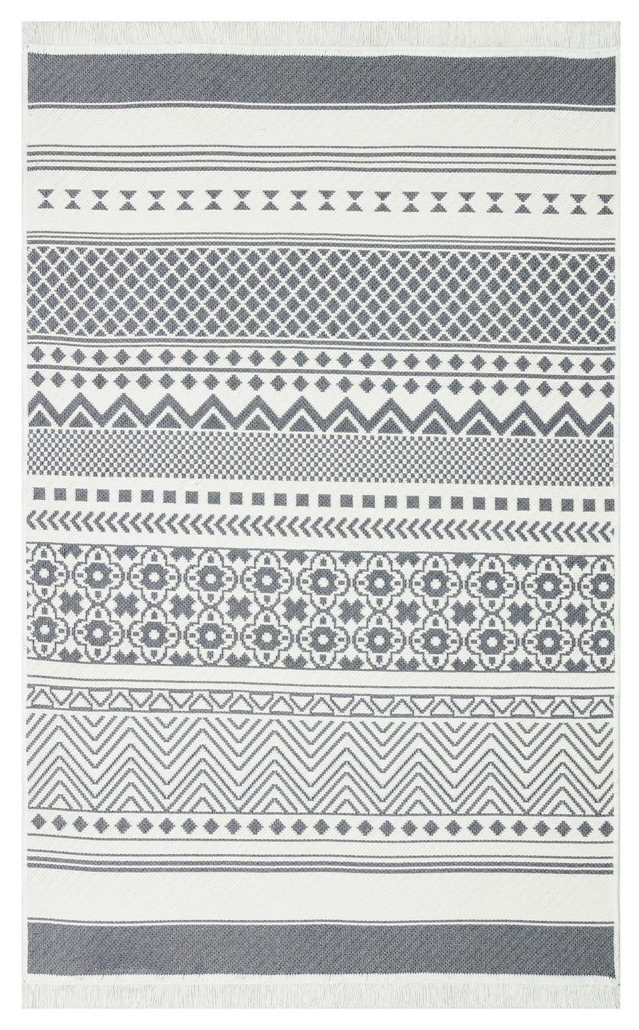 White and Grey Geometric Bohemian Wool Kilim Rug – in the hallway