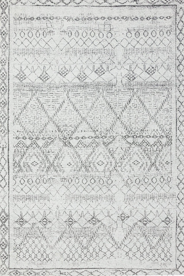 Beyaz Gri Etnik Geometrik Halı - Yıkanabilir - Kaymaz Taban - Pati Dostu
