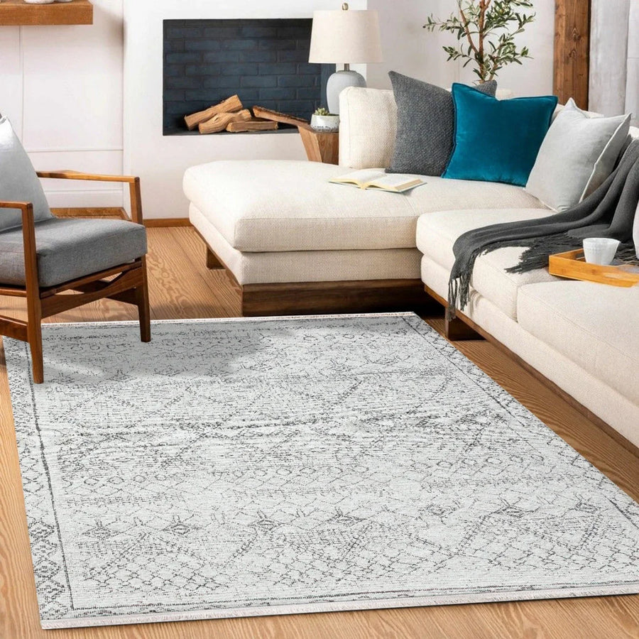 Beyaz Gri Etnik Geometrik Halı - Yıkanabilir - Kaymaz Taban - Pati Dostu