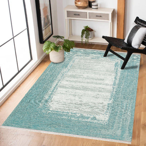 Turkuaz Çerçeveli Modern Etnik Desenli Halı  | Makinada Yıkanabilir | Hav Toz Vermez | Leke Tutmayan | Kaymaz Taban | Dijital Makine Baskı | Salon Yolluk Mutfak Halısı