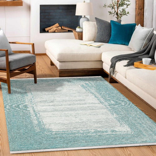 Turkuaz Çerçeveli Modern Etnik Desenli Halı  | Makinada Yıkanabilir | Hav Toz Vermez | Leke Tutmayan | Kaymaz Taban | Dijital Makine Baskı | Salon Yolluk Mutfak Halısı