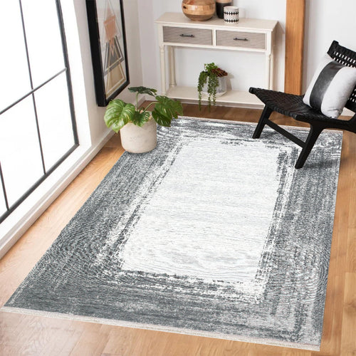 Gri Çerçeveli Modern Etnik Desenli Halı  | Makinada Yıkanabilir | Hav Toz Vermez | Leke Tutmayan | Kaymaz Taban | Dijital Makine Baskı | Salon Yolluk Mutfak Halısı