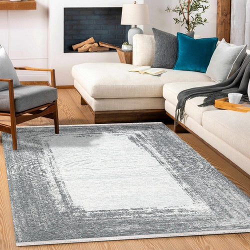 Gri Çerçeveli Modern Etnik Desenli Halı  | Makinada Yıkanabilir | Hav Toz Vermez | Leke Tutmayan | Kaymaz Taban | Dijital Makine Baskı | Salon Yolluk Mutfak Halısı