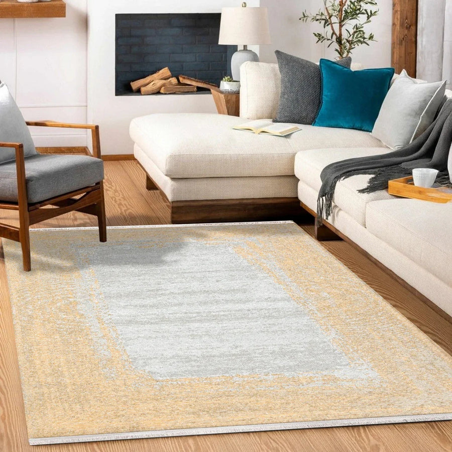 Beyaz Gold Eskitme Modern Halı - Yıkanabilir - Kaymaz Taban - Pati Dostu