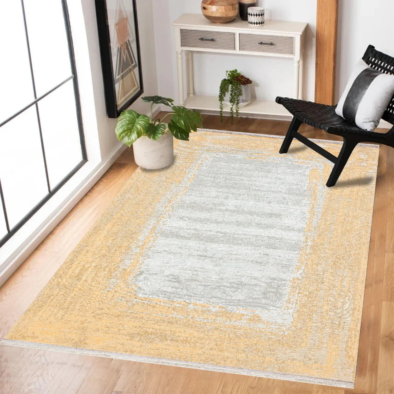 Beyaz Gold Eskitme Modern Halı - Yıkanabilir - Kaymaz Taban - Pati Dostu