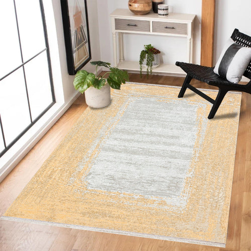 Sarı Çerçeveli Modern Etnik Desenli Halı  | Makinada Yıkanabilir | Hav Toz Vermez | Leke Tutmayan | Kaymaz Taban | Dijital Makine Baskı | Salon Yolluk Mutfak Halısı