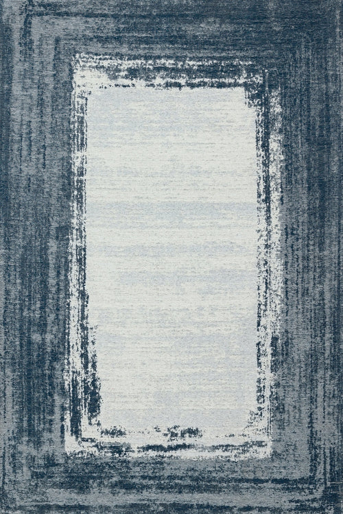 Koyu Mavi Çerçeveli Modern Etnik Desenli Halı  | Makinada Yıkanabilir | Hav Toz Vermez | Leke Tutmayan | Kaymaz Taban | Dijital Makine Baskı | Salon Yolluk Mutfak Halısı