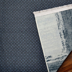 Koyu Mavi Çerçeveli Modern Etnik Desenli Halı  | Makinada Yıkanabilir | Hav Toz Vermez | Leke Tutmayan | Kaymaz Taban | Dijital Makine Baskı | Salon Yolluk Mutfak Halısı