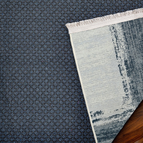 Koyu Mavi Çerçeveli Modern Etnik Desenli Halı  | Makinada Yıkanabilir | Hav Toz Vermez | Leke Tutmayan | Kaymaz Taban | Dijital Makine Baskı | Salon Yolluk Mutfak Halısı