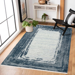 Koyu Mavi Çerçeveli Modern Etnik Desenli Halı  | Makinada Yıkanabilir | Hav Toz Vermez | Leke Tutmayan | Kaymaz Taban | Dijital Makine Baskı | Salon Yolluk Mutfak Halısı