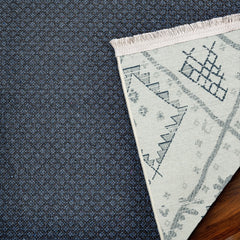 Koyu Mavi Etnik Modern Etnik Desenli Halı  | Makinada Yıkanabilir | Hav Toz Vermez | Leke Tutmayan | Kaymaz Taban | Dijital Makine Baskı | Salon Yolluk Mutfak Halısı