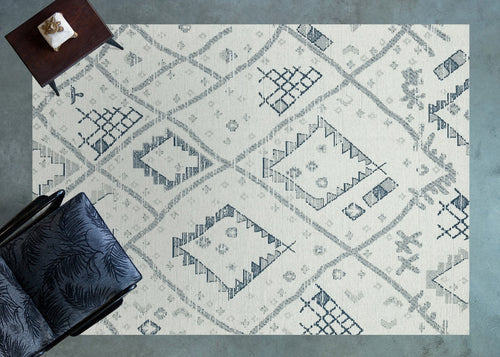 Koyu Mavi Etnik Modern Etnik Desenli Halı  | Makinada Yıkanabilir | Hav Toz Vermez | Leke Tutmayan | Kaymaz Taban | Dijital Makine Baskı | Salon Yolluk Mutfak Halısı